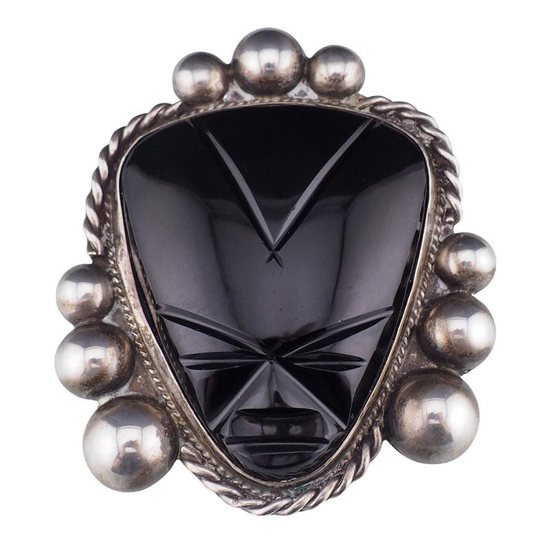Vintage Mexican Silver and Black Onyx Mask Brooch, Signed Carved Face Pin with Ballwork