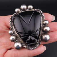 Vintage Mexican Silver and Black Onyx Mask Brooch, Signed Carved Face Pin with Ballwork