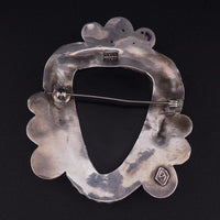 Vintage Mexican Silver and Black Onyx Mask Brooch, Signed Carved Face Pin with Ballwork
