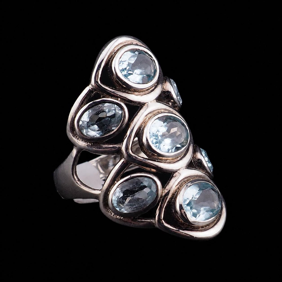 Sterling Silver Blue Topaz Cluster Ring with Seven Faceted Gemstones - Size 7