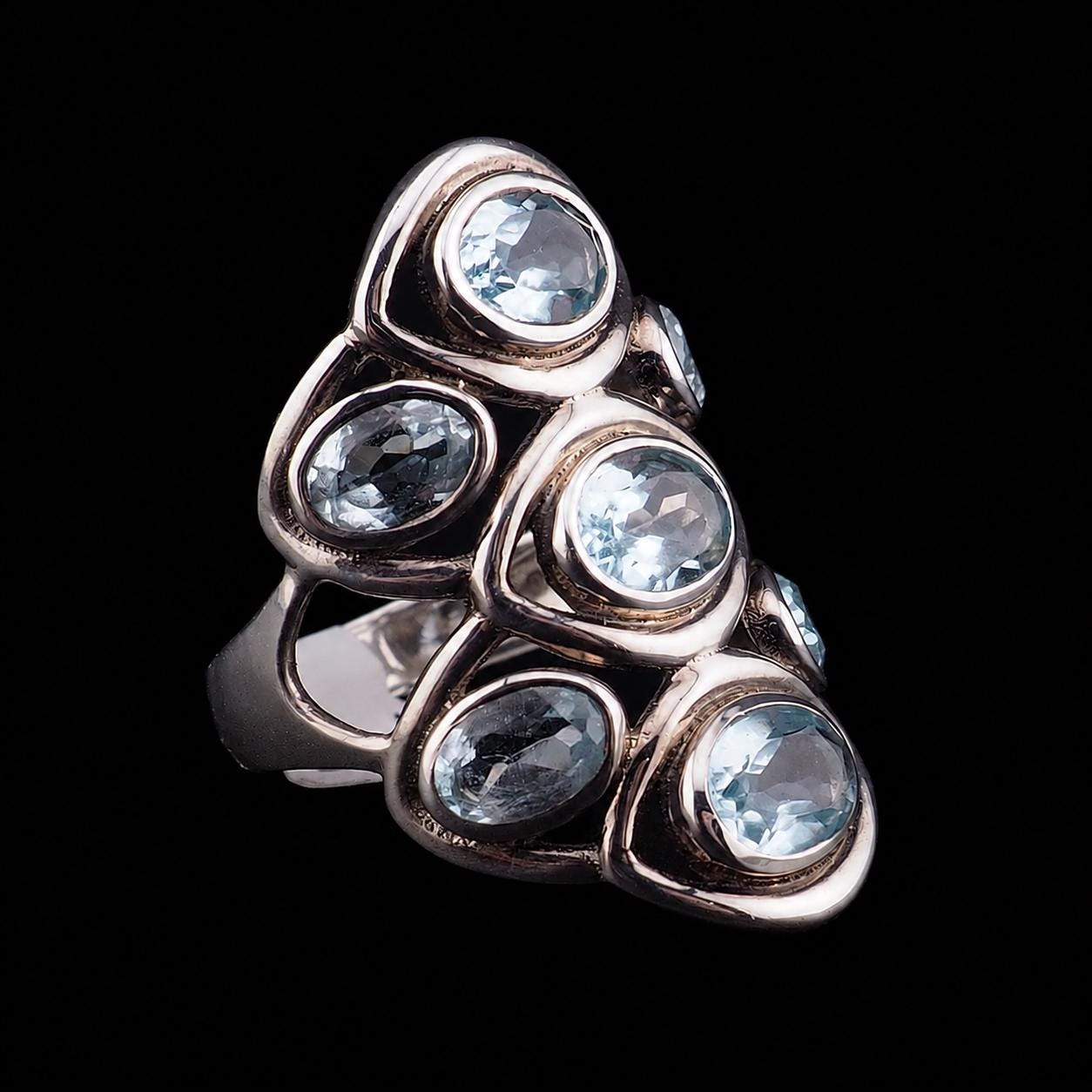 Sterling Silver Blue Topaz Cluster Ring with Seven Faceted Gemstones - Size 7