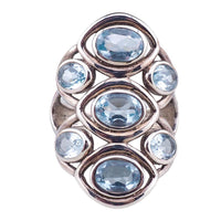 Sterling Silver Blue Topaz Cluster Ring with Seven Faceted Gemstones - Size 7
