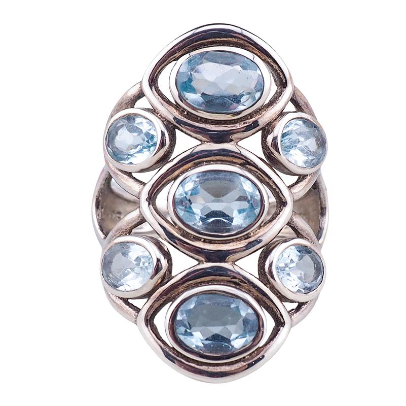 Sterling Silver Blue Topaz Cluster Ring with Seven Faceted Gemstones - Size 7