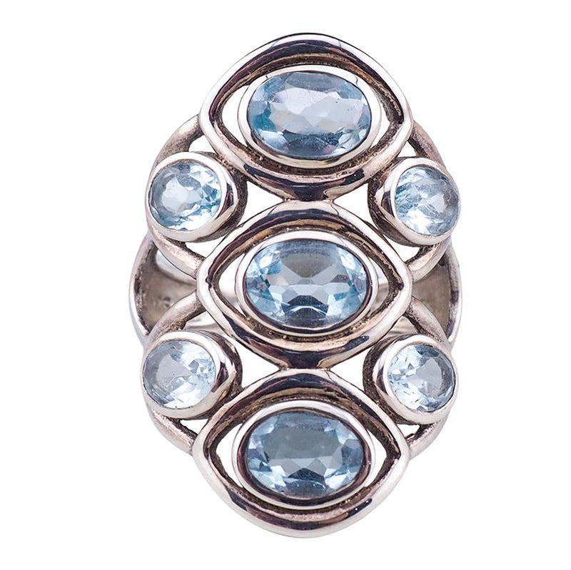 Sterling Silver Blue Topaz Cluster Ring with Seven Faceted Gemstones - Size 7