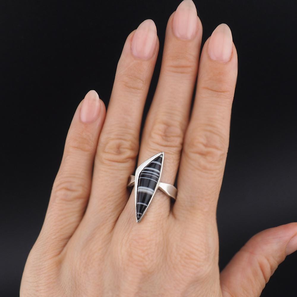 Vintage Sterling Silver Banded Agate Ring, Black and White Modernist Design