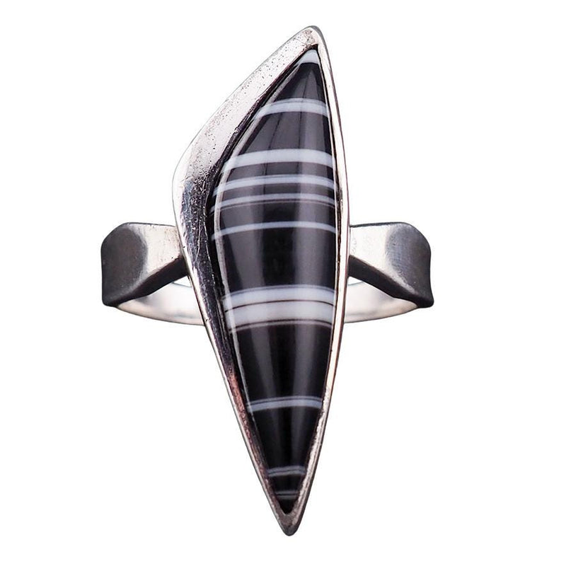 Vintage Sterling Silver Banded Agate Ring, Black and White Modernist Design