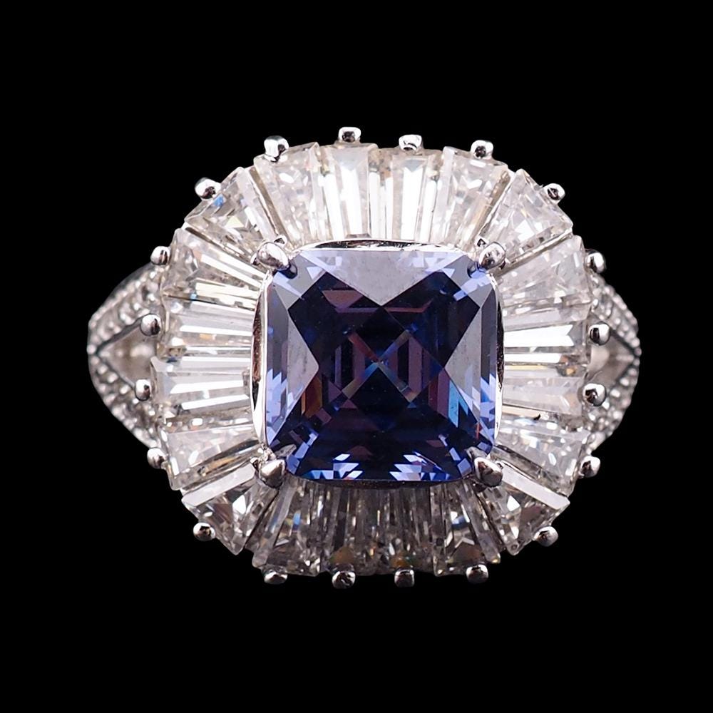 Tycoon for Diamonelle Blue CZ Sterling Silver Ballerina Cushion Cut Cocktail Ring with Baguette Halo