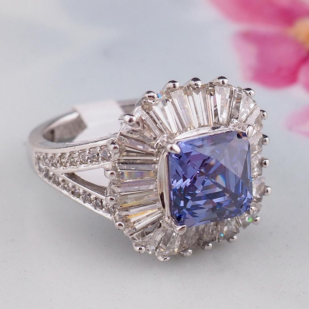 Tycoon for Diamonelle Blue CZ Sterling Silver Ballerina Cushion Cut Cocktail Ring with Baguette Halo