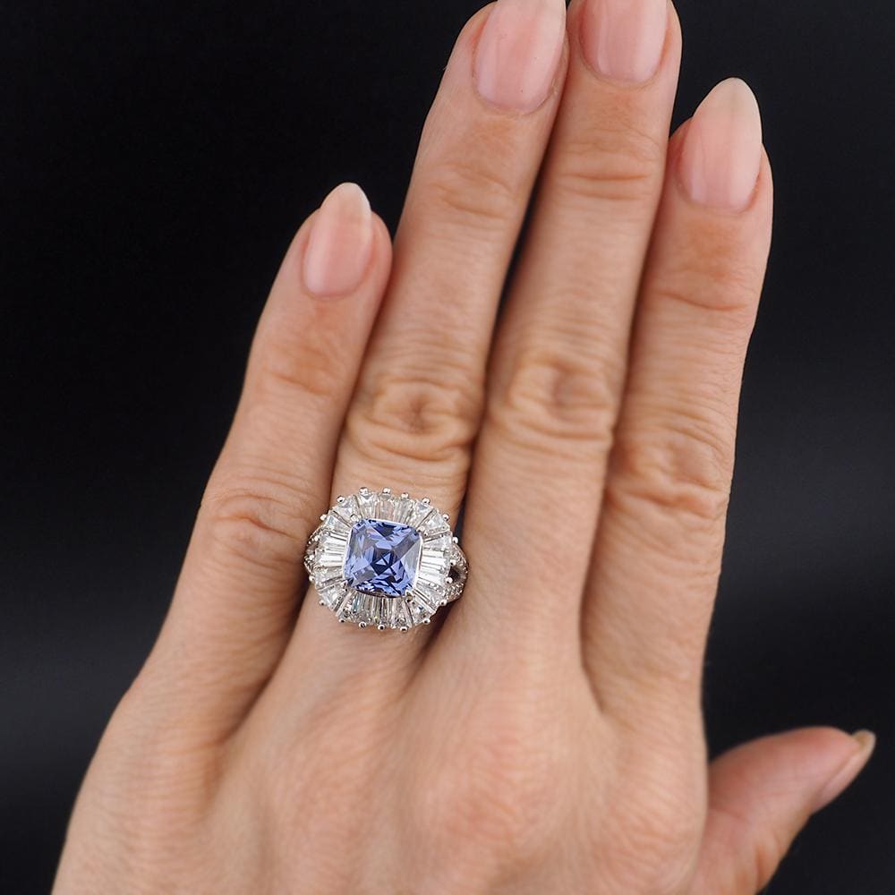 Tycoon for Diamonelle Blue CZ Sterling Silver Ballerina Cushion Cut Cocktail Ring with Baguette Halo