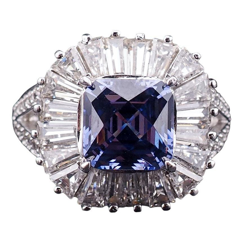 Tycoon for Diamonelle Blue CZ Sterling Silver Ballerina Cushion Cut Cocktail Ring with Baguette Halo