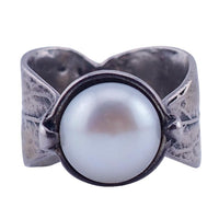 Silpada Sterling Silver Pearl Ring Wide Textured Leaf Band
