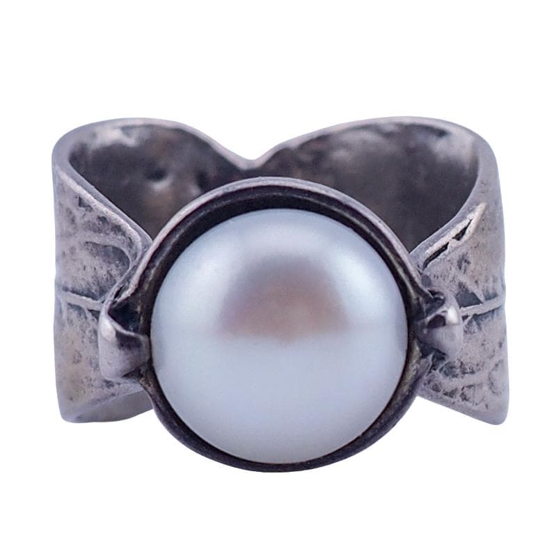 Silpada Sterling Silver Pearl Ring Wide Textured Leaf Band