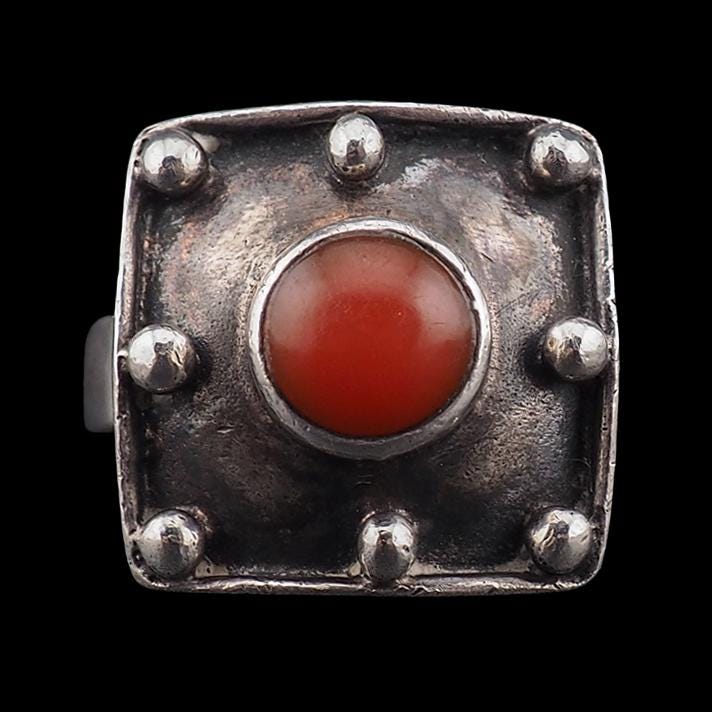 Vintage Modernist Sterling Silver Coral Square Industrial Style Ring