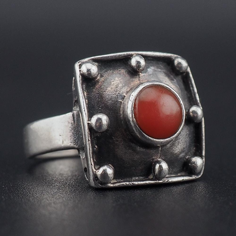 Vintage Modernist Sterling Silver Coral Square Industrial Style Ring