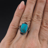 Handmade Sterling Silver Turquoise Ring, Rectangular Cabochon with Southwestern Silverwork - Size 5.5