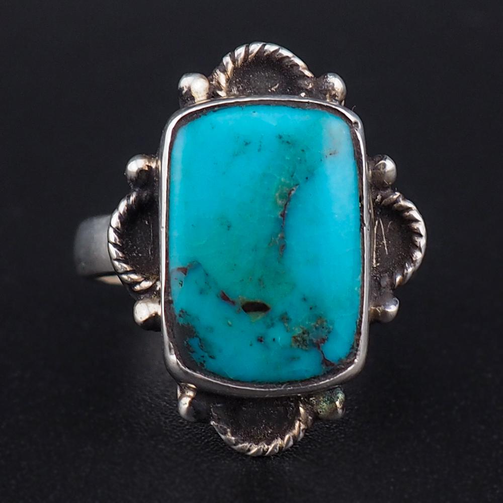 Handmade Sterling Silver Turquoise Ring, Rectangular Cabochon with Southwestern Silverwork - Size 5.5