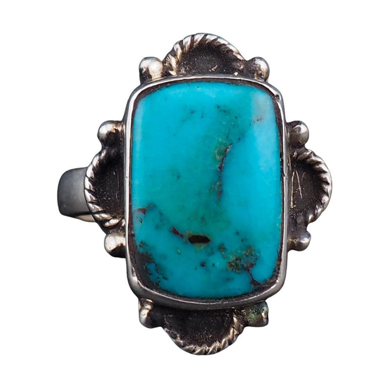 Handmade Sterling Silver Turquoise Ring, Rectangular Cabochon with Southwestern Silverwork - Size 5.5
