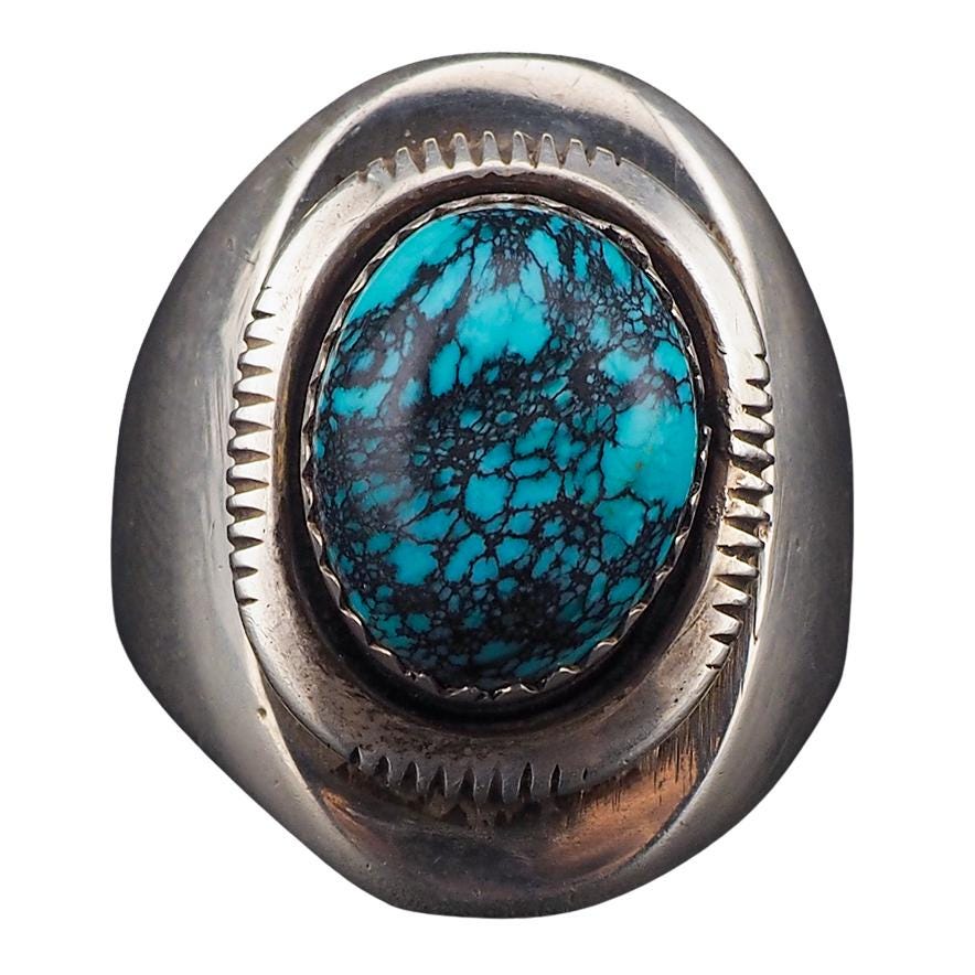 Vintage High Grade Kingman Black Spiderweb Turquoise Ring 925 Sterling Silver, Artisan Southwestern Native American Signed AL Tiered Ring