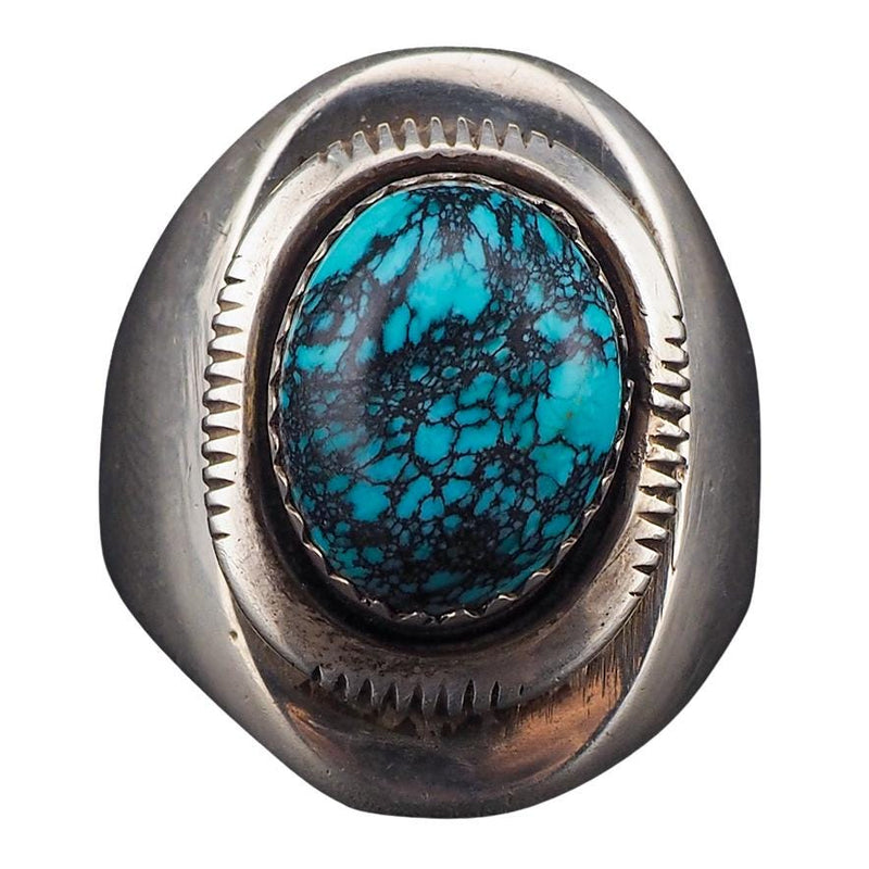 Vintage High Grade Kingman Black Spiderweb Turquoise Ring 925 Sterling Silver, Artisan Southwestern Native American Signed AL Tiered Ring