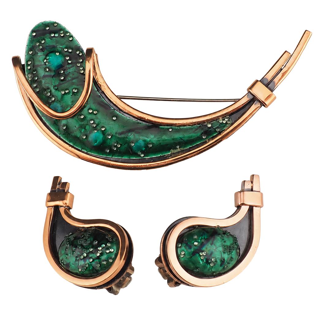 Vintage Matisse Renoir Green Enamel Copper Brooch Earrings Set Mid Century Modern Signed Jewelry