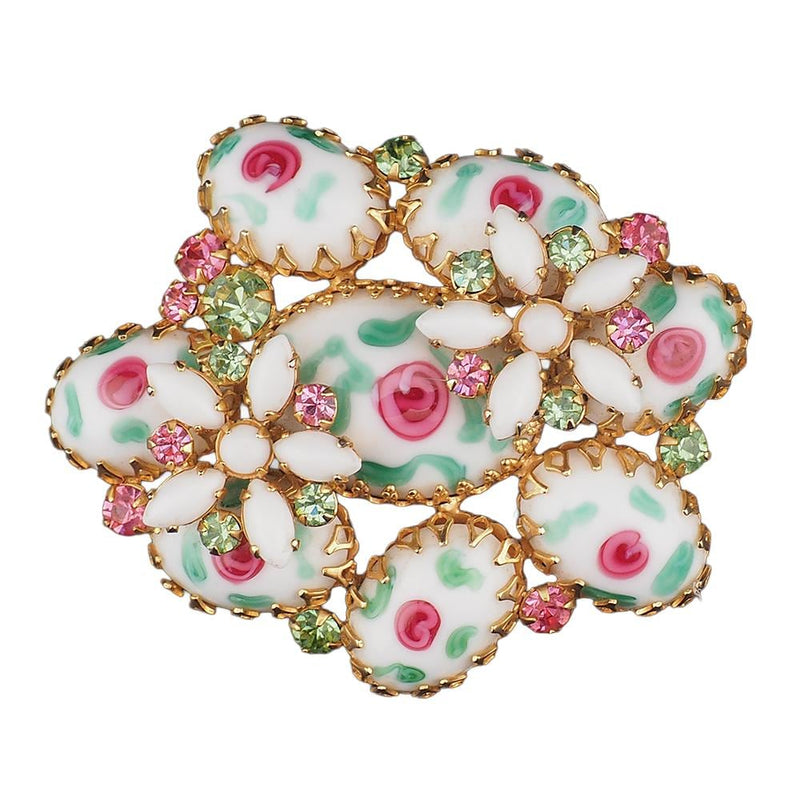 Rare Vintage Josane Art Glass Rose Brooch Pink Green Rhinestone Floral Brooch UV Reactive Glass Costume Jewelry