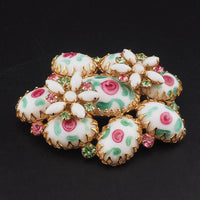 Rare Vintage Josane Art Glass Rose Brooch Pink Green Rhinestone Floral Brooch UV Reactive Glass Costume Jewelry