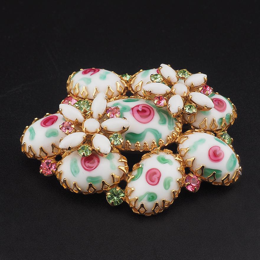 Rare Vintage Josane Art Glass Rose Brooch Pink Green Rhinestone Floral Brooch UV Reactive Glass Costume Jewelry