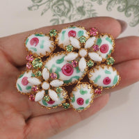Rare Vintage Josane Art Glass Rose Brooch Pink Green Rhinestone Floral Brooch UV Reactive Glass Costume Jewelry