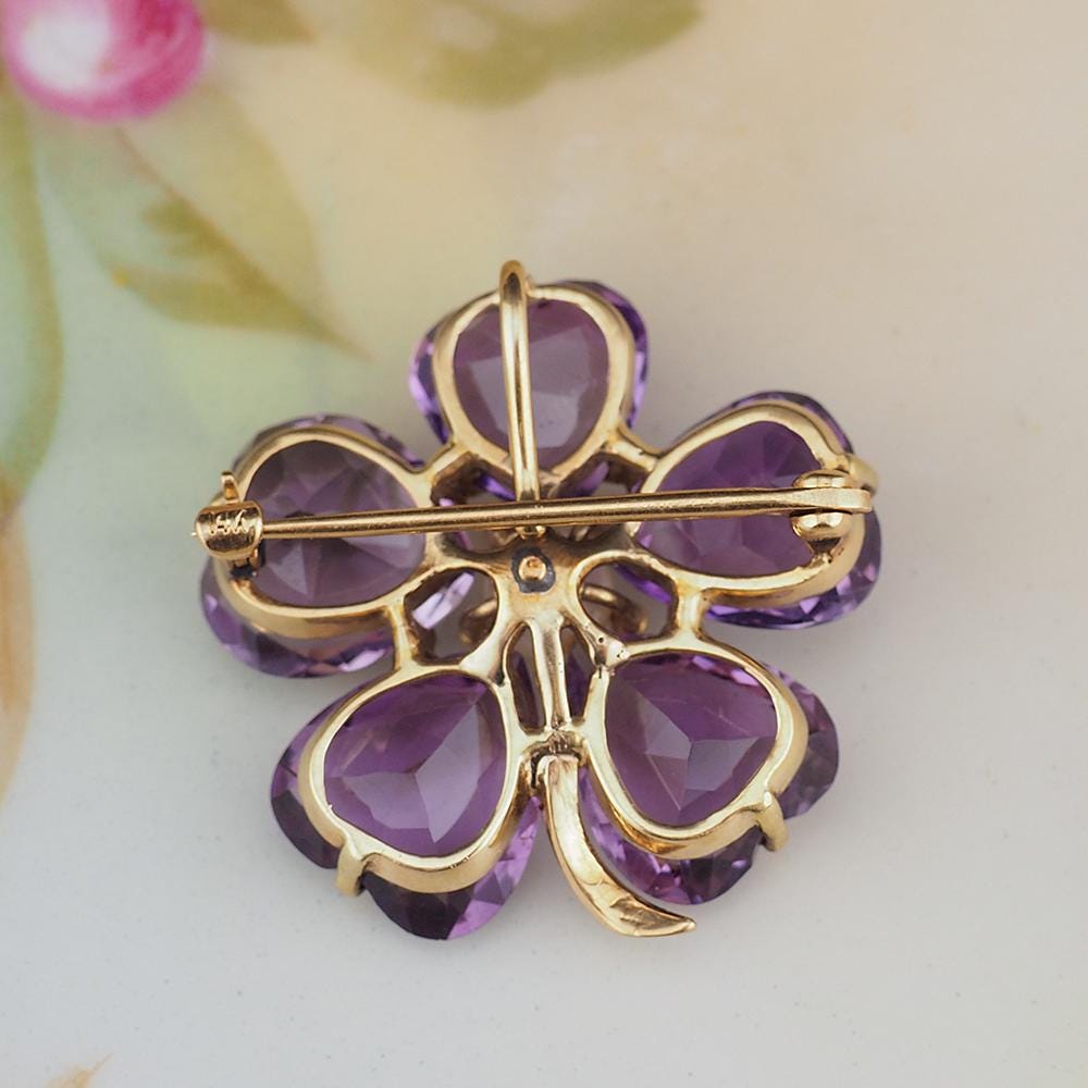 Vintage 14K Gold Amethyst Pearl Clover Brooch Pendant Heart Cut Amethyst Convertible Fine Jewelry