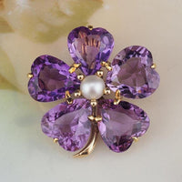 Vintage 14K Gold Amethyst Pearl Clover Brooch Pendant Heart Cut Amethyst Convertible Fine Jewelry