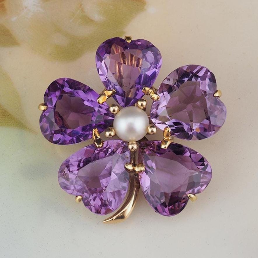 Vintage 14K Gold Amethyst Pearl Clover Brooch Pendant Heart Cut Amethyst Convertible Fine Jewelry