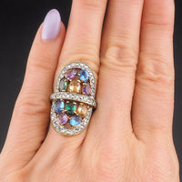 Sterling Silver Multi Gemstone Statement Estate Ring, Gold Plated Cocktail Ring Size 5.5