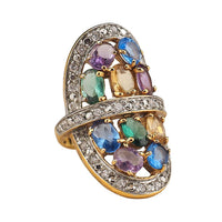 Sterling Silver Multi Gemstone Statement Estate Ring, Gold Plated Cocktail Ring Size 5.5