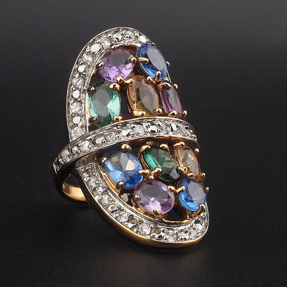 Sterling Silver Multi Gemstone Statement Estate Ring, Gold Plated Cocktail Ring Size 5.5
