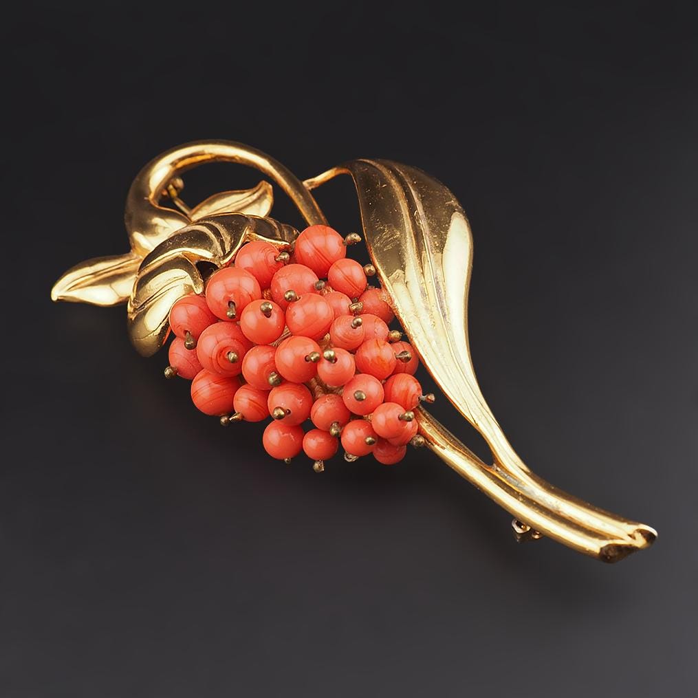 Rare Vintage Coro Brooch Wired Lampwork Art Glass Beads Gold Tone Floral Statement Brooch, 1940s 1950s Costume Jewelry