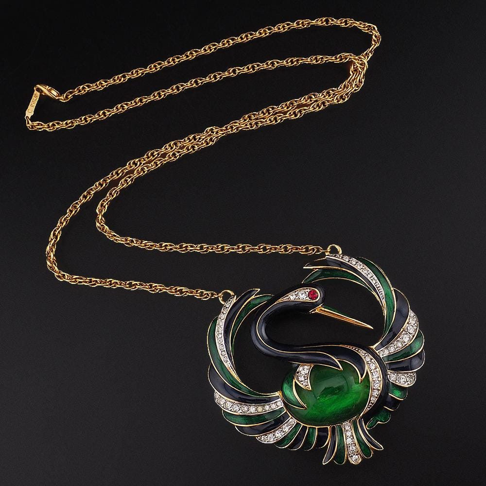 Rare Vintage D’Orlan Swan Bird Pendant Necklace, Enamel Rhinestone Statement Necklace, Figural Jewelry