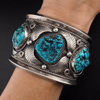 Vintage Navajo Sterling Silver Turquoise Cuff Bracelet Signed FF Massive 195g Three Stone Statement Cuff