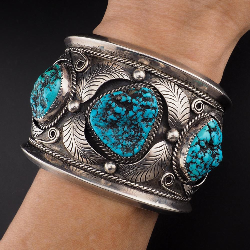 Vintage Navajo Sterling Silver Turquoise Cuff Bracelet Signed FF Massive 195g Three Stone Statement Cuff