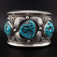 Vintage Navajo Sterling Silver Turquoise Cuff Bracelet Signed FF Massive 195g Three Stone Statement Cuff