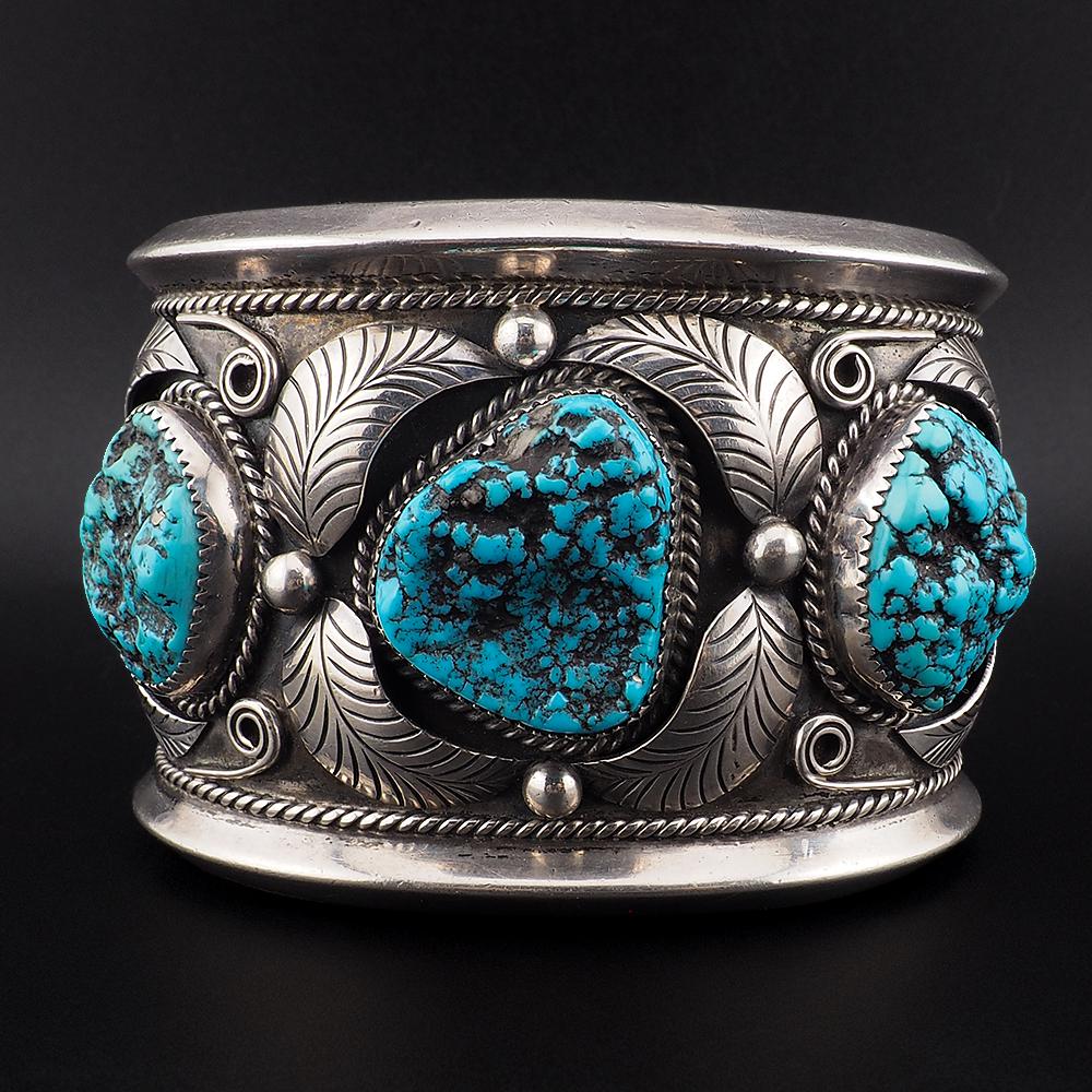 Vintage Navajo Sterling Silver Turquoise Cuff Bracelet Signed FF Massive 195g Three Stone Statement Cuff