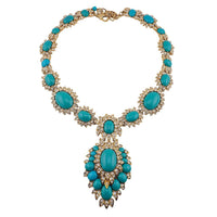 Rare Vintage Joan Rivers Faux Turquoise Rhinestone Mughal Style Statement Necklace Signed Gold Tone Designer Jewelry
