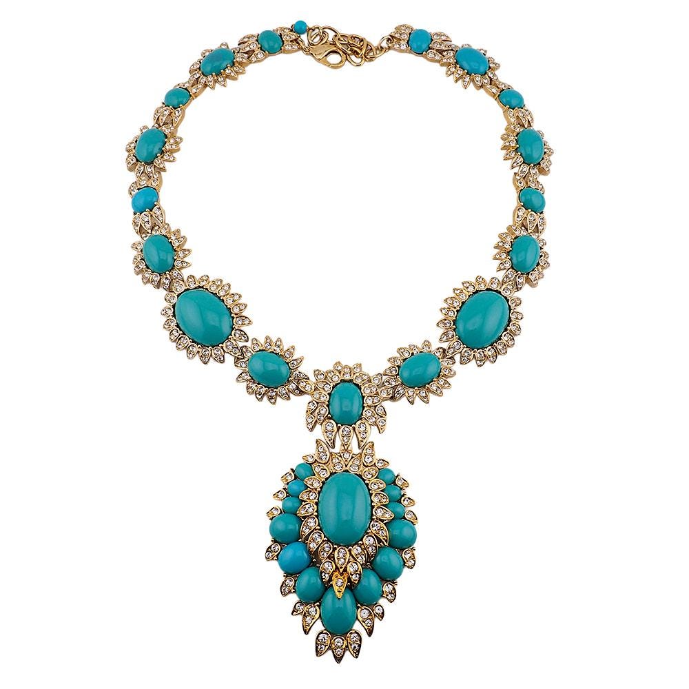Rare Vintage Joan Rivers Faux Turquoise Rhinestone Mughal Style Statement Necklace Signed Gold Tone Designer Jewelry