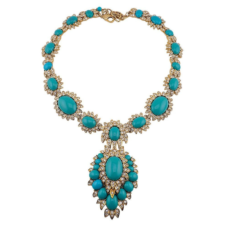 Rare Vintage Joan Rivers Faux Turquoise Rhinestone Mughal Style Statement Necklace Signed Gold Tone Designer Jewelry