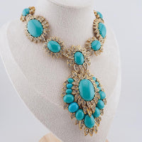 Rare Vintage Joan Rivers Faux Turquoise Rhinestone Mughal Style Statement Necklace Signed Gold Tone Designer Jewelry