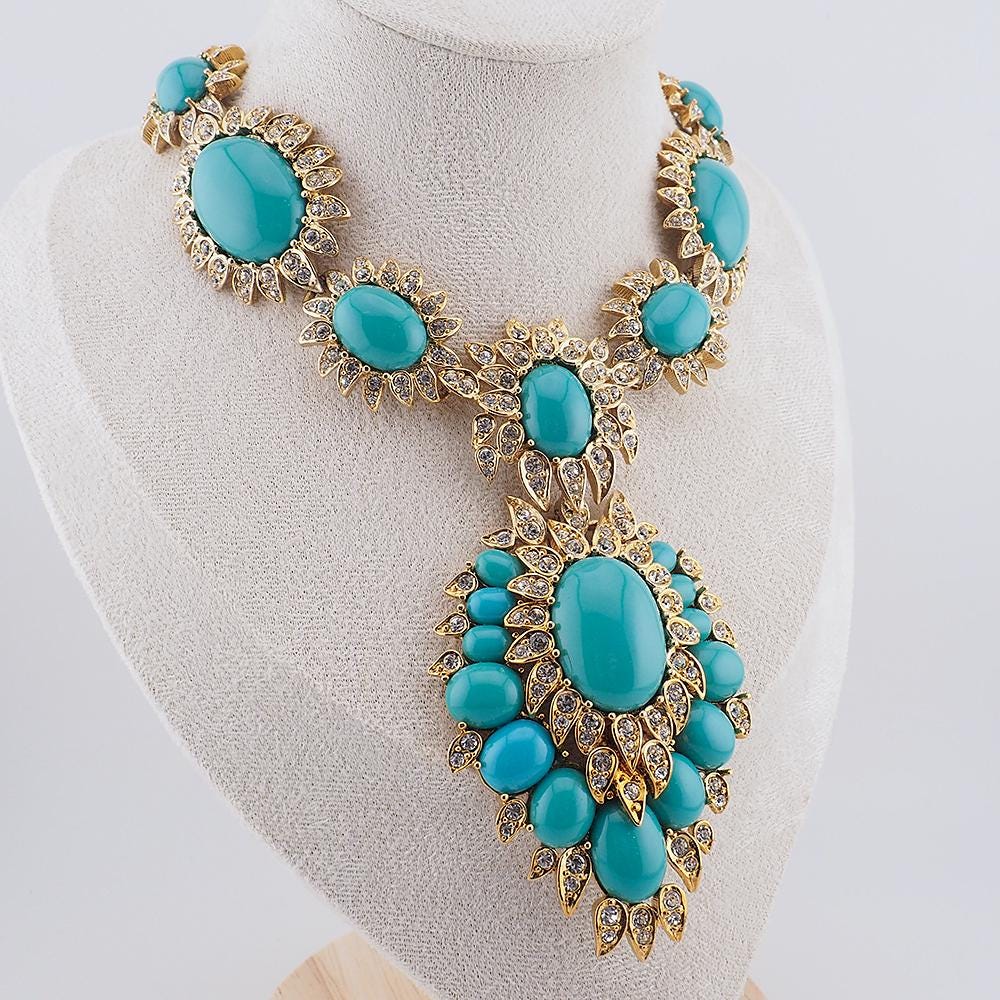 Rare Vintage Joan Rivers Faux Turquoise Rhinestone Mughal Style Statement Necklace Signed Gold Tone Designer Jewelry