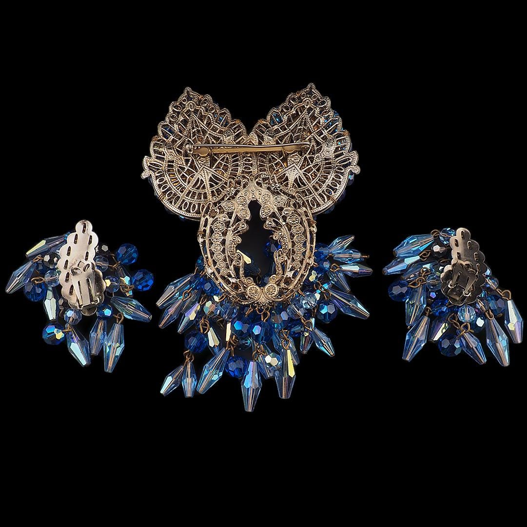 Massive Vintage Blue Rhinestone Brooch Earring Set Unsigned Designer Wired Dangle Butterfly Bow Statement Set