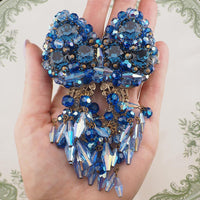 Massive Vintage Blue Rhinestone Brooch Earring Set Unsigned Designer Wired Dangle Butterfly Bow Statement Set