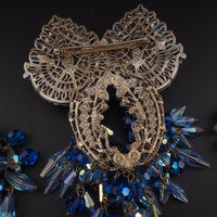 Massive Vintage Blue Rhinestone Brooch Earring Set Unsigned Designer Wired Dangle Butterfly Bow Statement Set