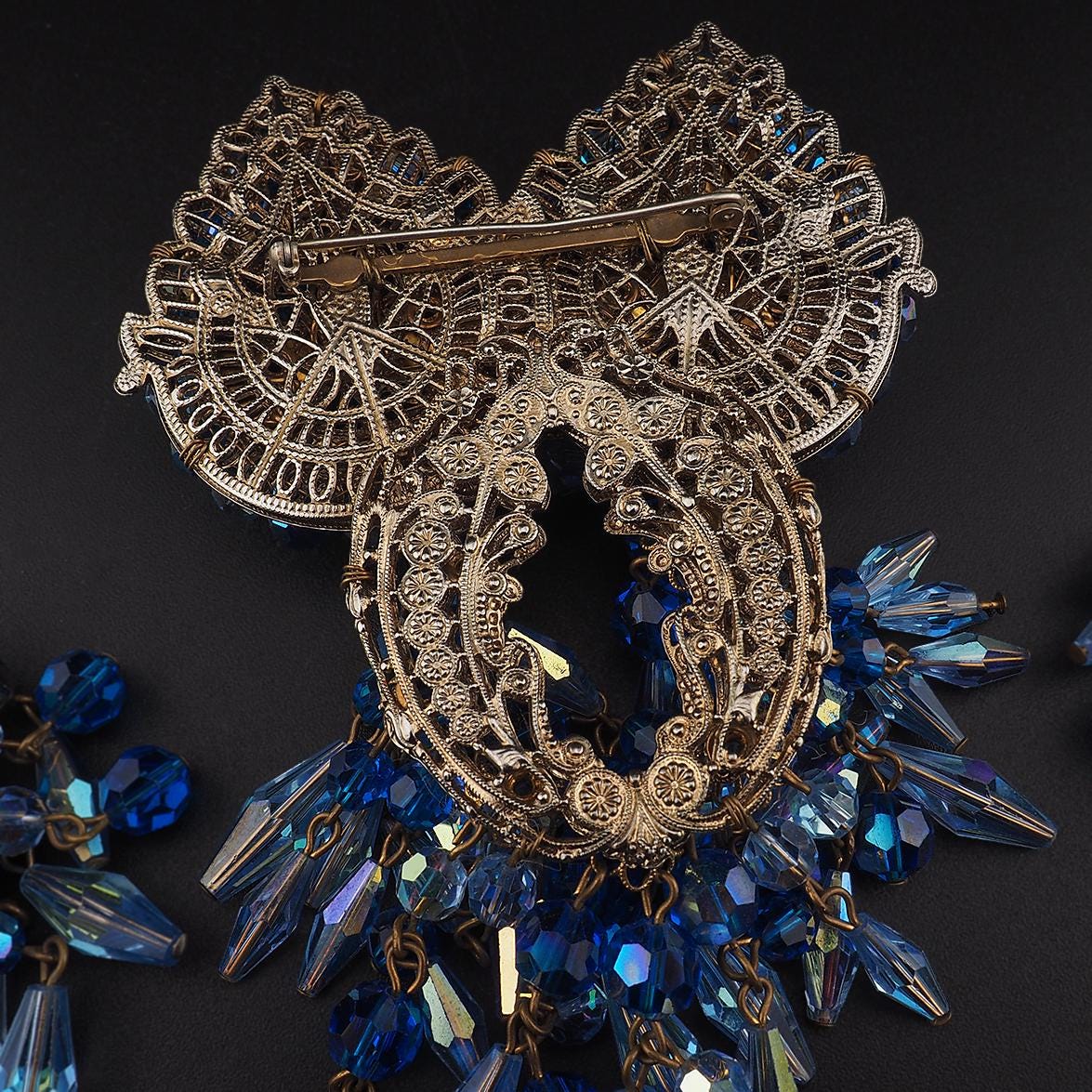 Massive Vintage Blue Rhinestone Brooch Earring Set Unsigned Designer Wired Dangle Butterfly Bow Statement Set