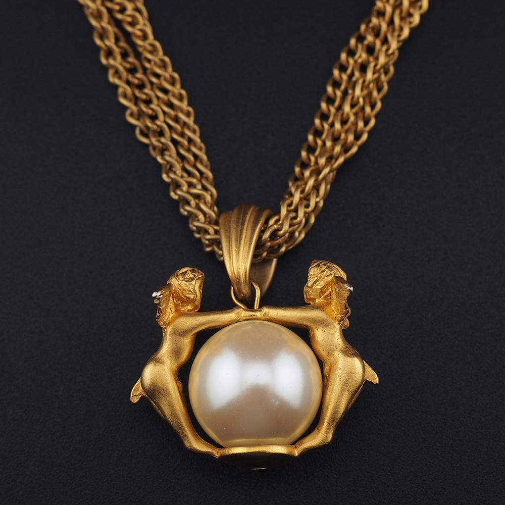 Vintage Cherub Faux Pearl Pendant Necklace – Matte Antiqued Gold Tone – 19 Inch
